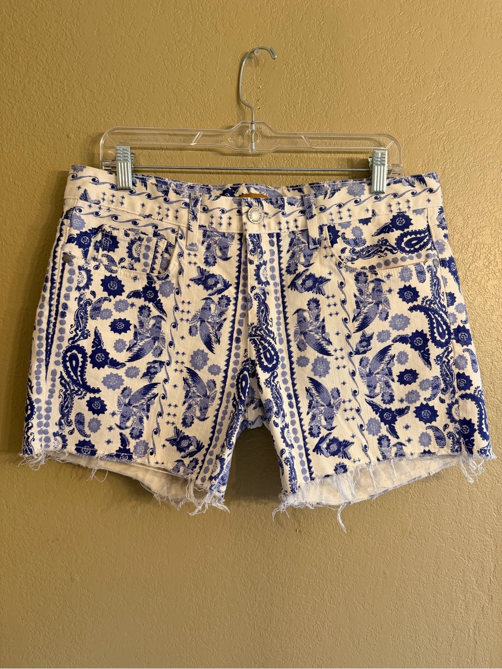 Rebecca Minkoff White distressed Denim Shorts with Blue Floral paisley print